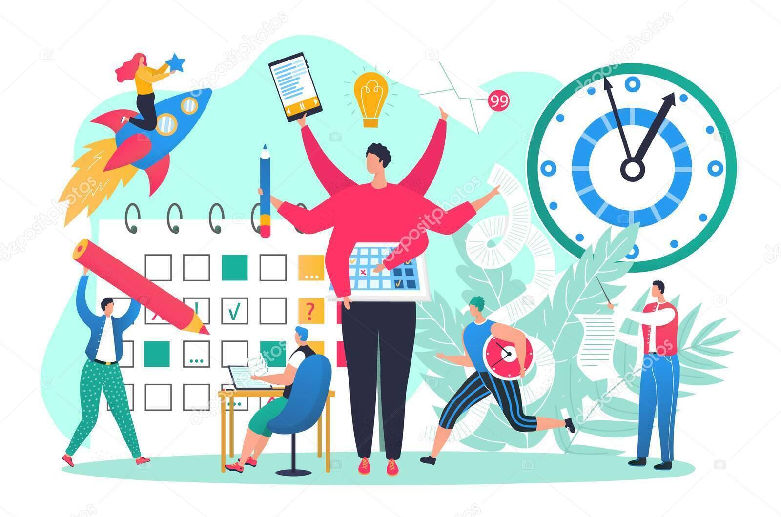 Business office work with time management, vector illustration. Man woman people character use multitasking manager assistant for company success.